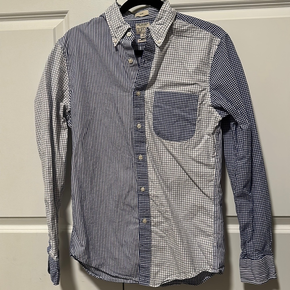 J. Crew Men's Slim Secret Wash organic cotton poplin shirt Blue White Sz S